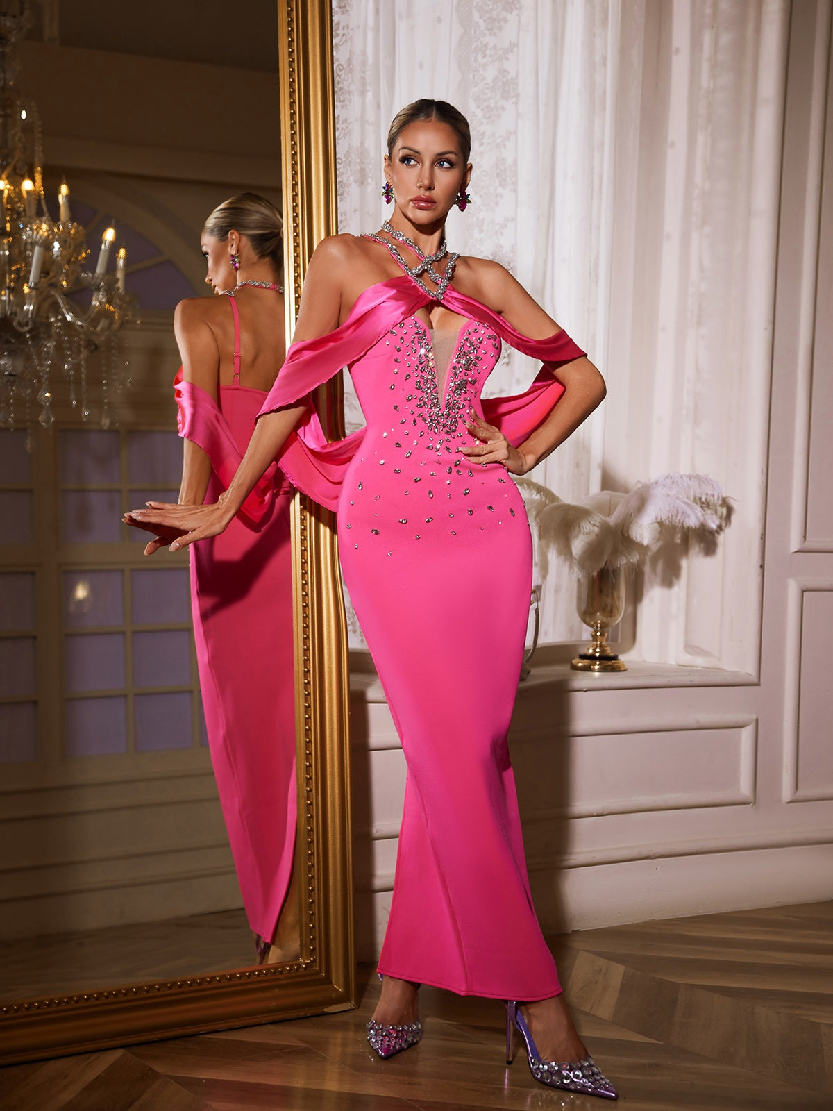 Halterneck Rhinestone Bandage Maxi Dress In Pink - View 5
