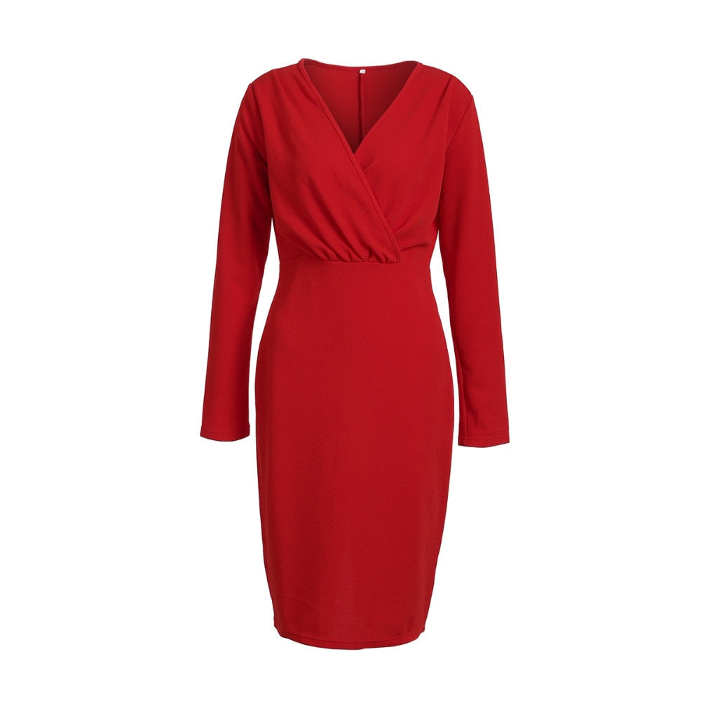 Deep V-Neck Long Sleeve Wrap Bodycon Midi Dress