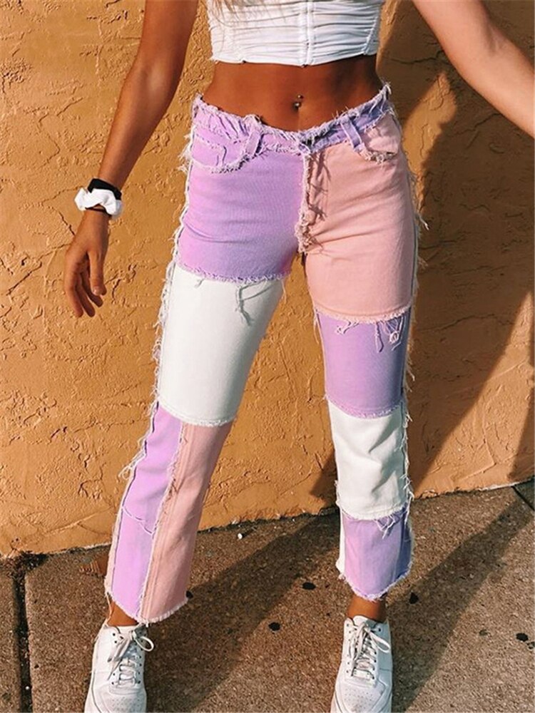 Mojoyce Patchwork Women's Jeans Bicolor Straight Leg Casual Long Pants High Waist Denim Jeans Y2K Fashion Pencil Trousers XXL