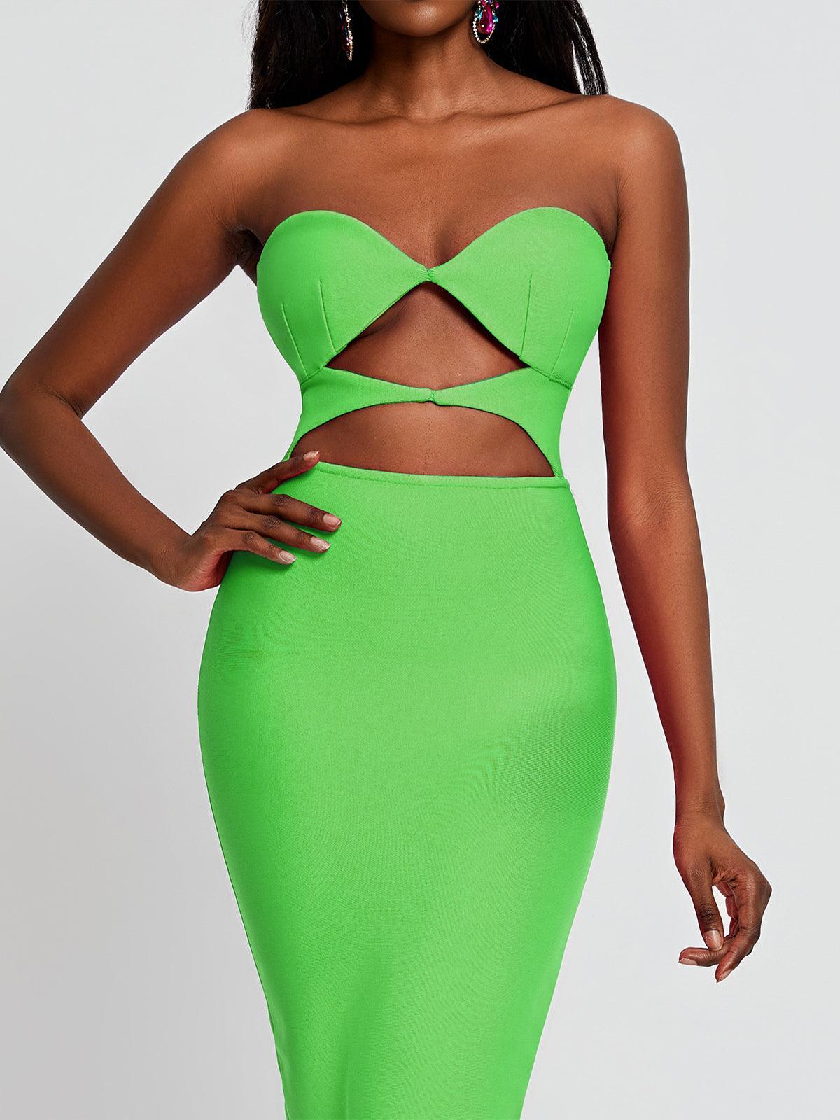 Strapless Twist Front Cut Out Bandage Bodycon Midi Dress
