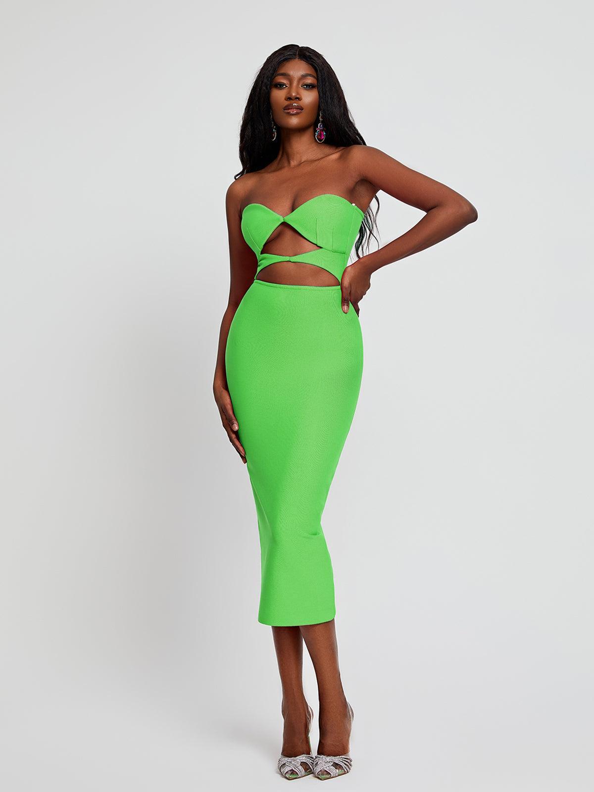 Strapless Twist Front Cut Out Bandage Bodycon Midi Dress