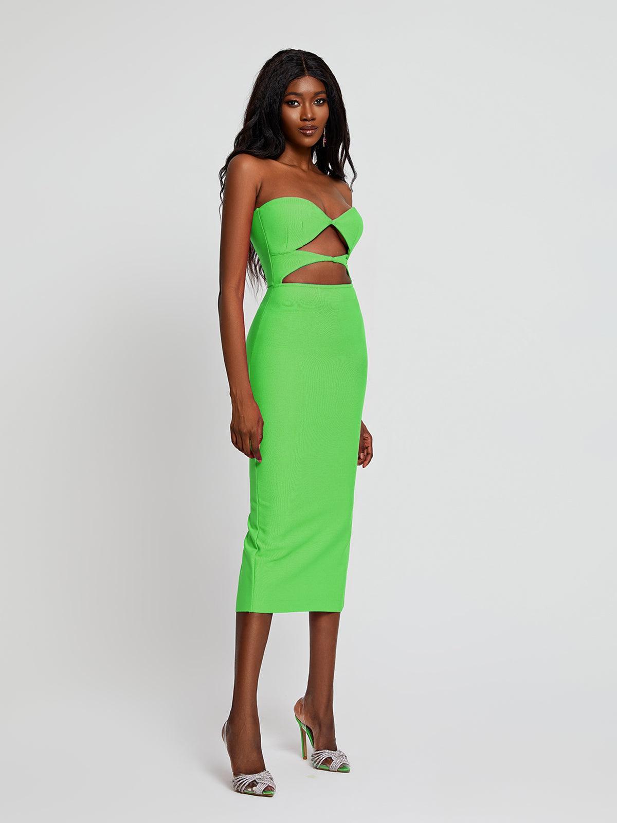 Strapless Twist Front Cut Out Bandage Bodycon Midi Dress