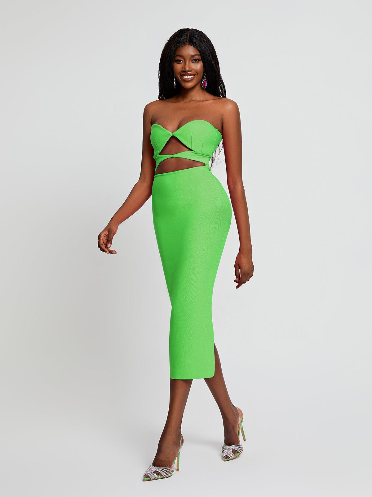 Strapless Twist Front Cut Out Bandage Bodycon Midi Dress