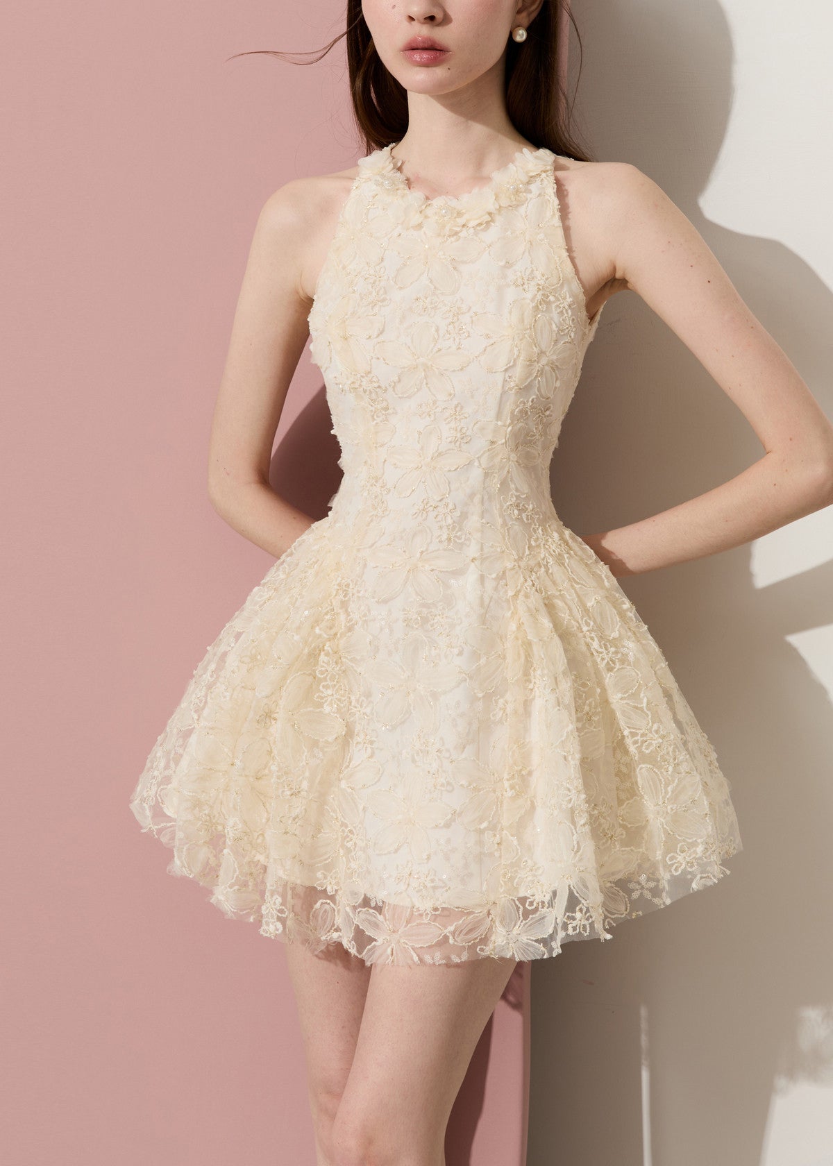 Lace High Neck Ruffle Trim Fit and Flare Scalloped Hem Mini Dress