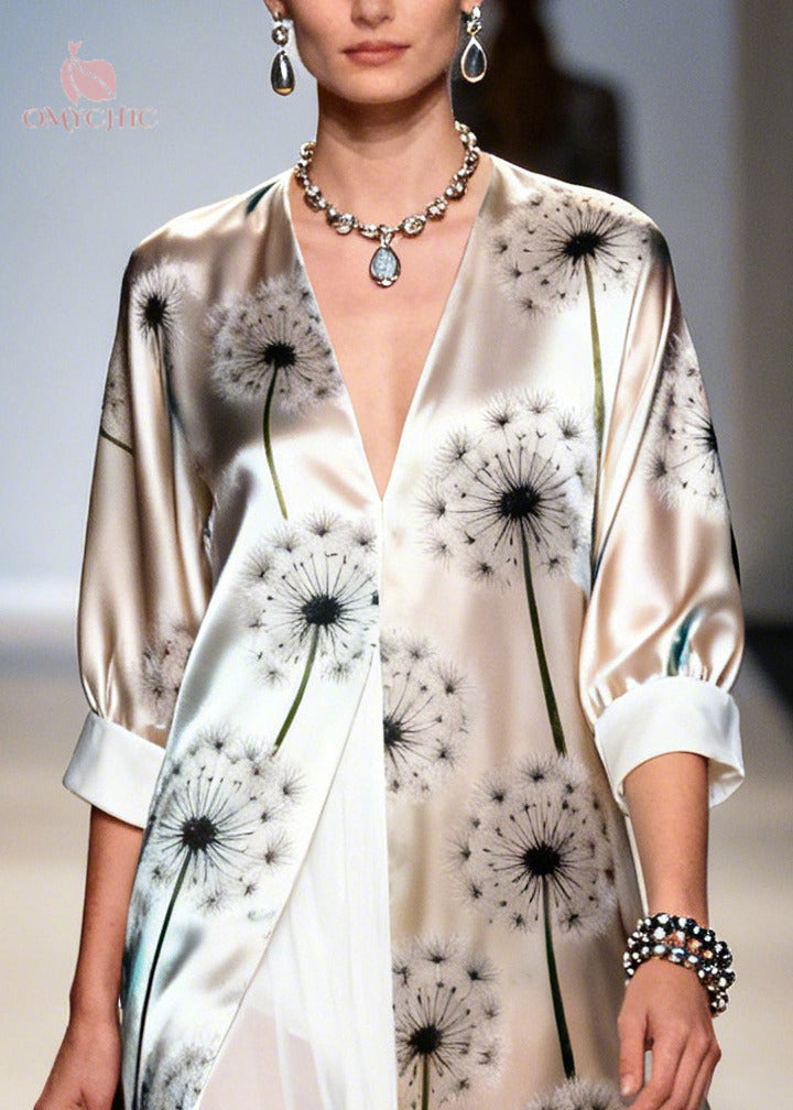 Faux Two-Piece Dandelion Print Deep V-Neck Open Front Layered Chiffon Maxi Dress