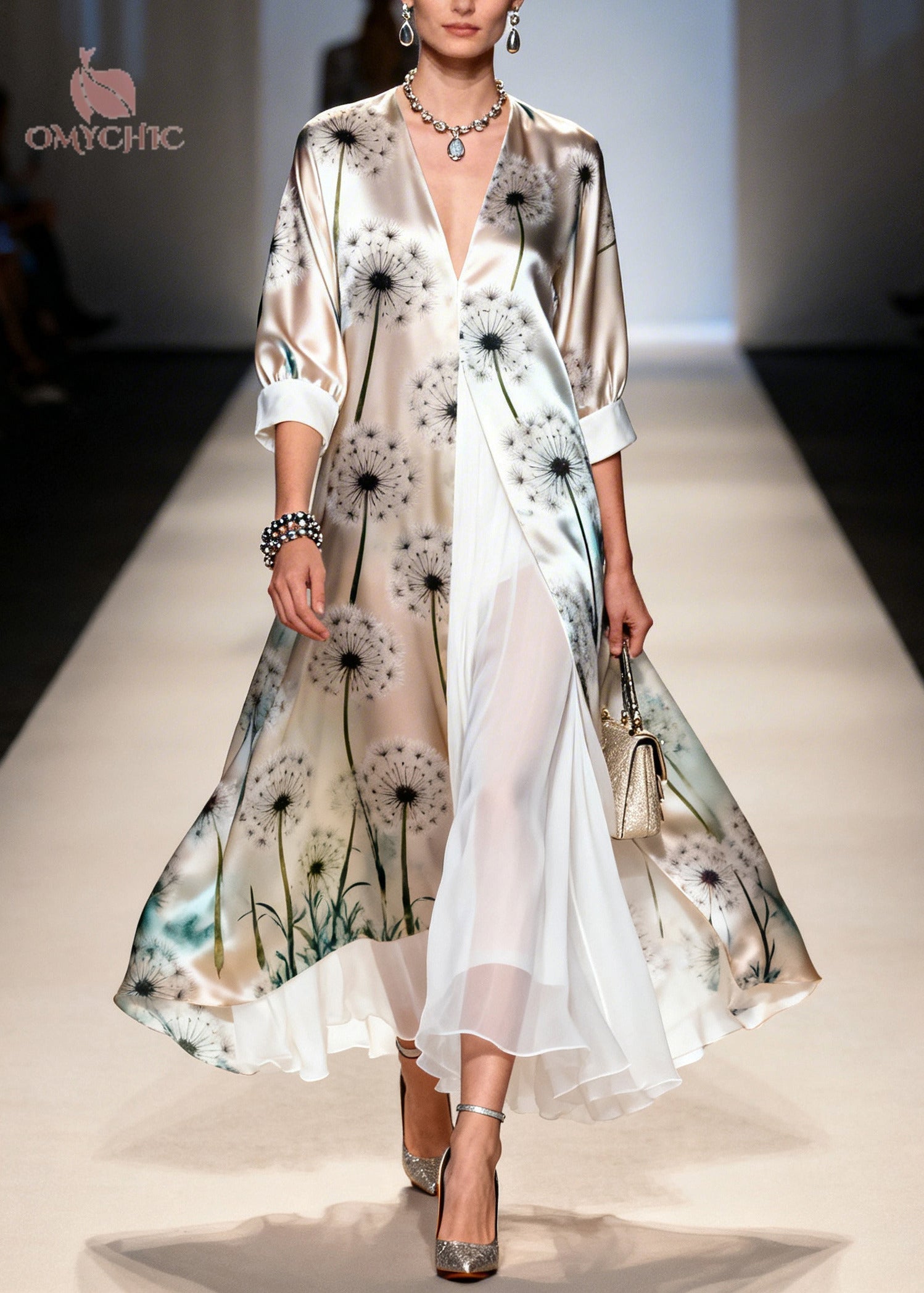 Faux Two-Piece Dandelion Print Deep V-Neck Open Front Layered Chiffon Maxi Dress