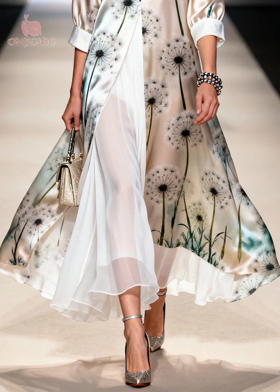 Faux Two-Piece Dandelion Print Deep V-Neck Open Front Layered Chiffon Maxi Dress