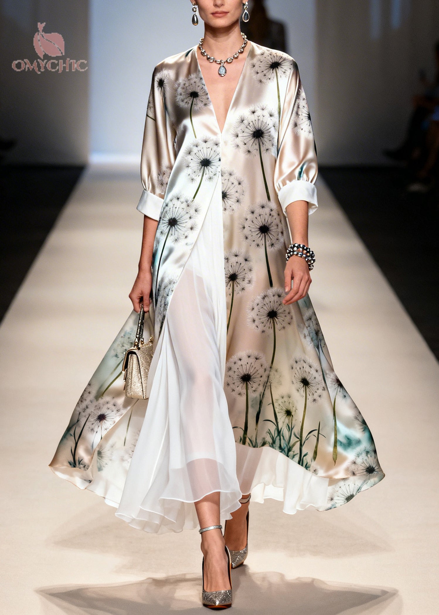 Faux Two-Piece Dandelion Print Deep V-Neck Open Front Layered Chiffon Maxi Dress