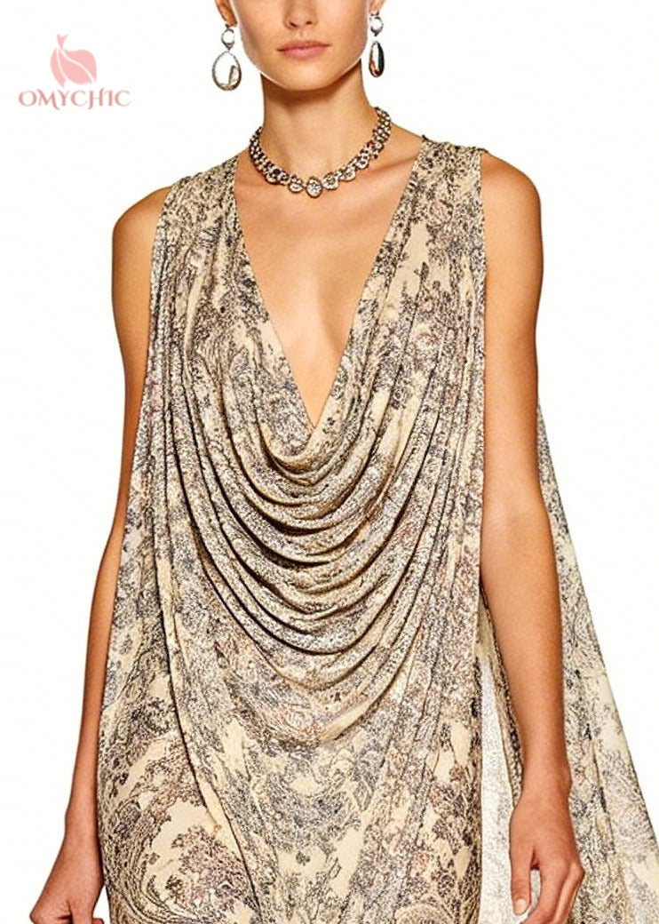 Deep V-Neck Draped Paisley Sleeveless Kaftan Maxi Dress