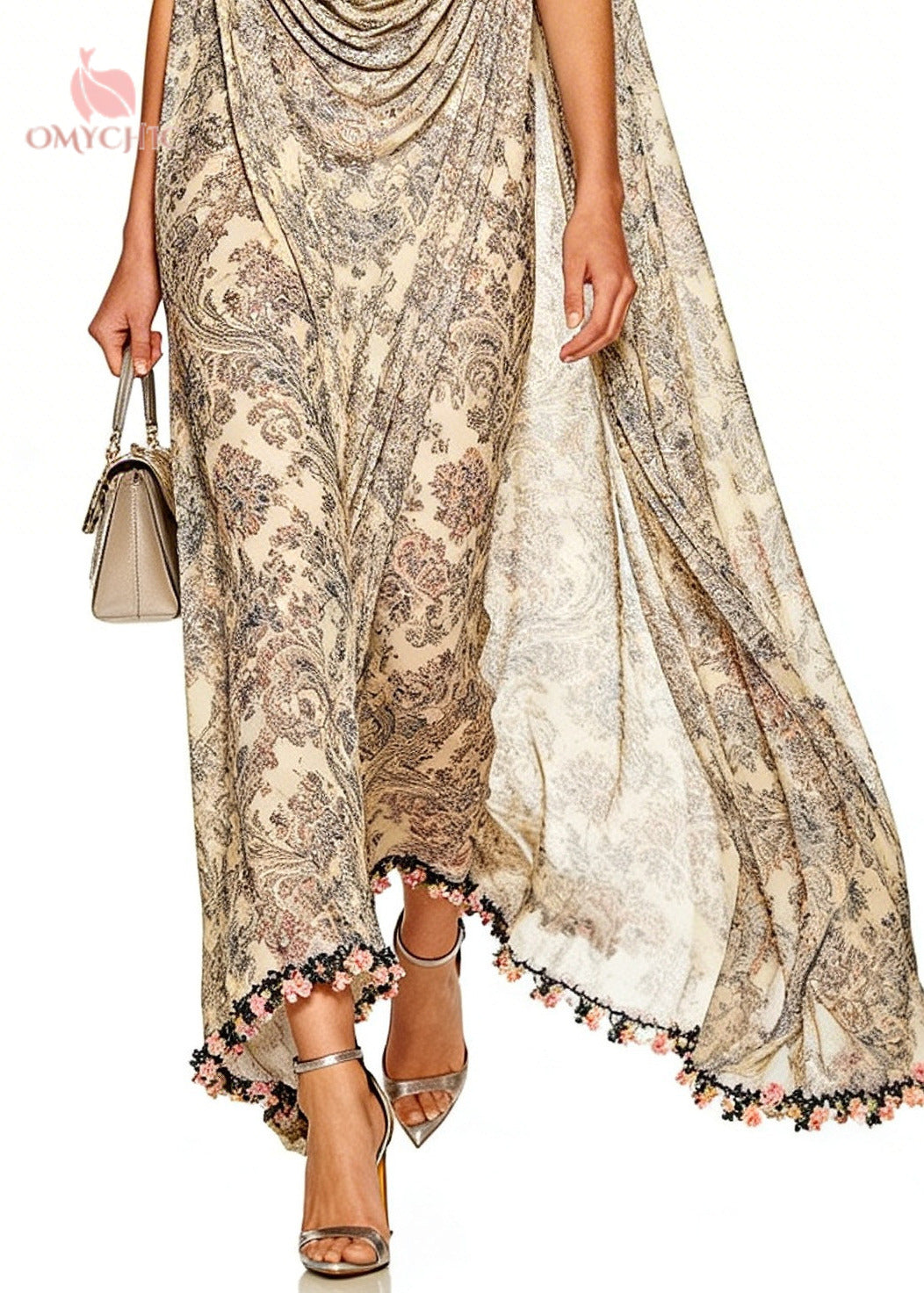 Deep V-Neck Draped Paisley Sleeveless Kaftan Maxi Dress