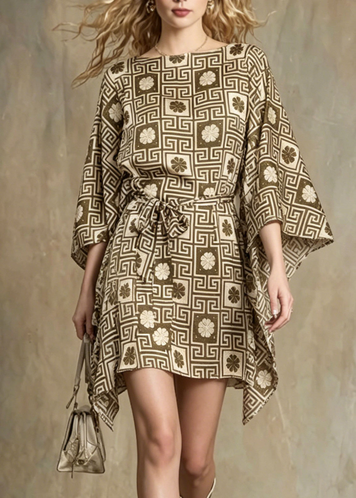 Chiffon Geometric Print Boat Neck Kimono Sleeve Tie Waist Mini Dress