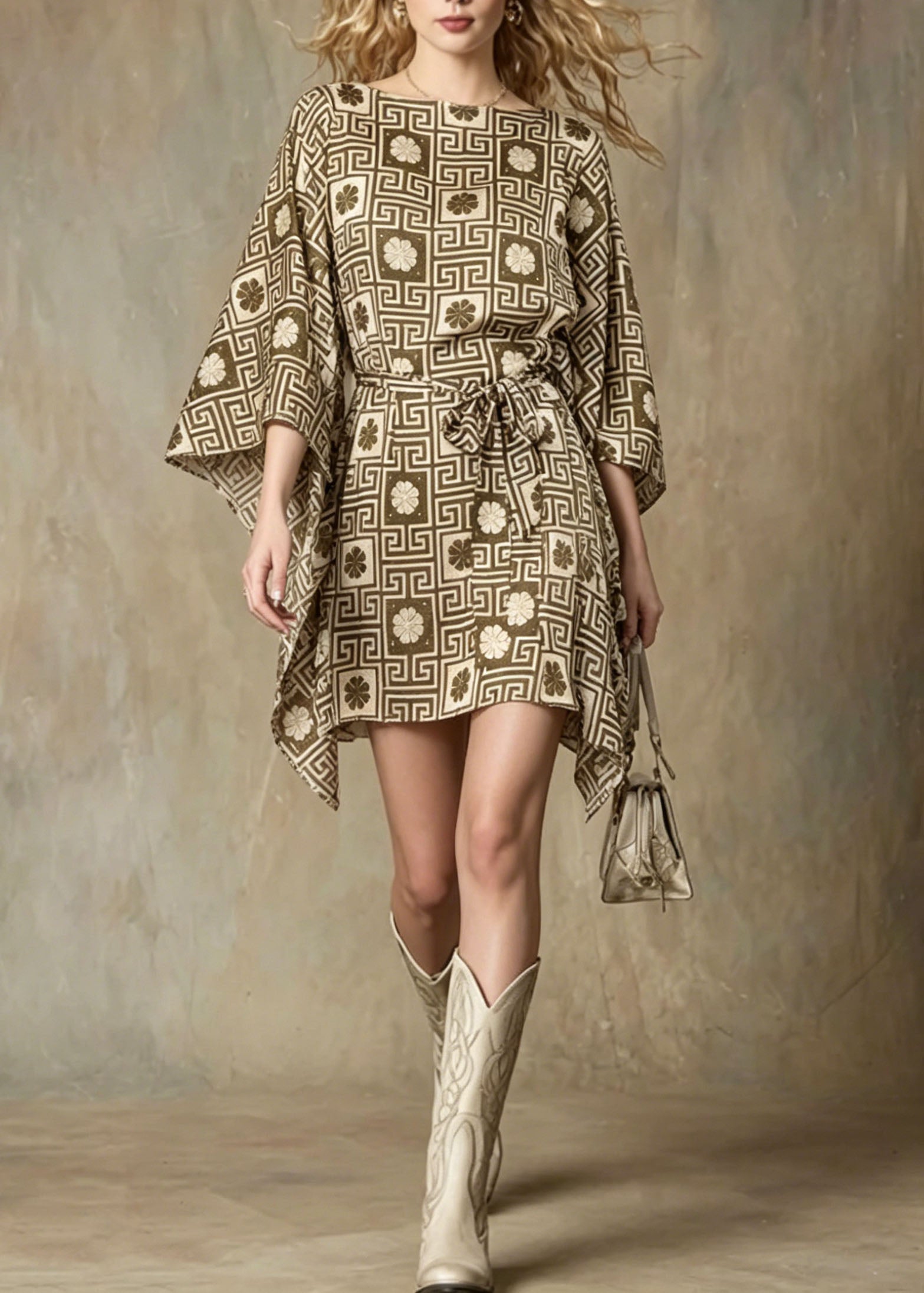 Chiffon Geometric Print Boat Neck Kimono Sleeve Tie Waist Mini Dress