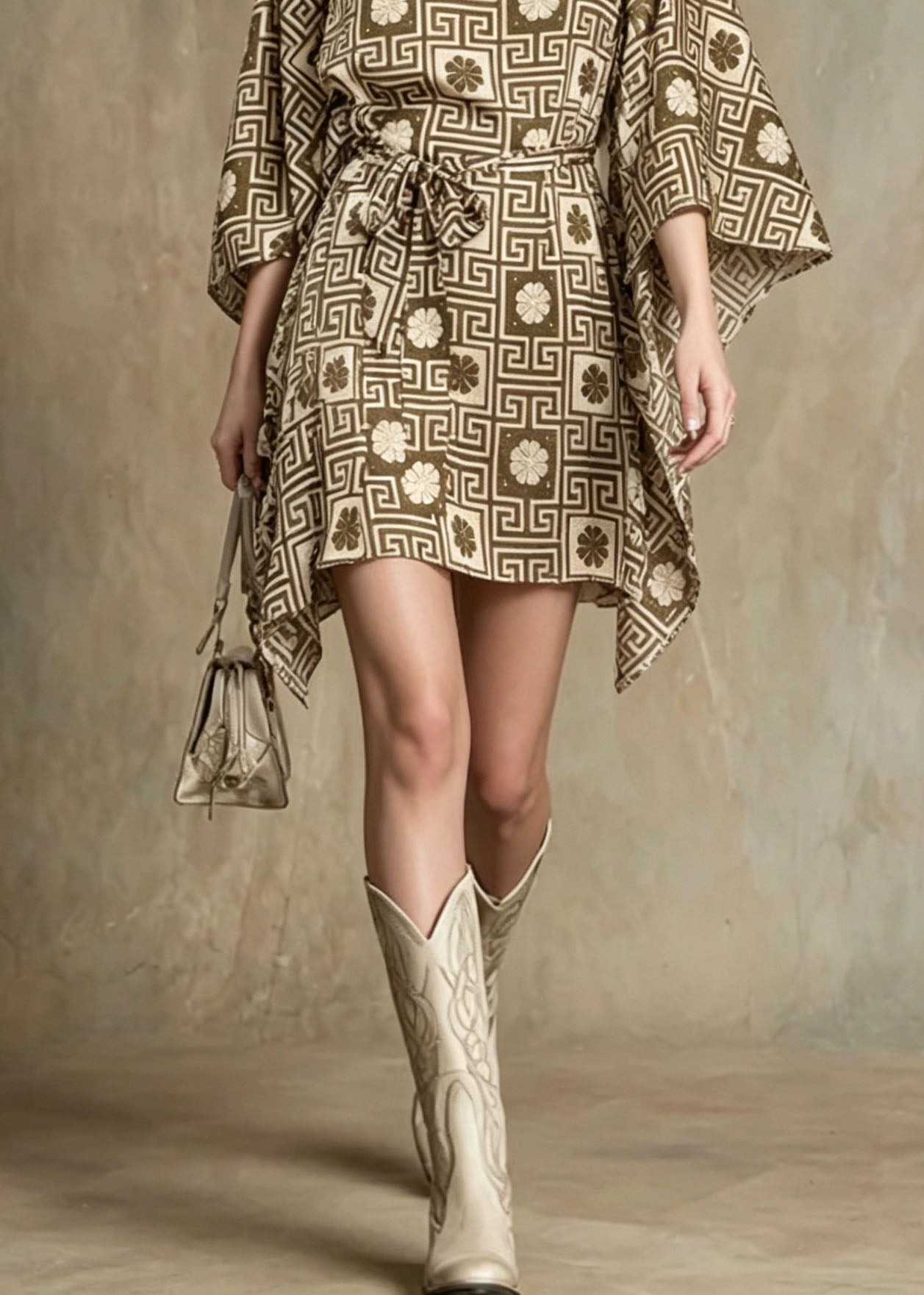 Chiffon Geometric Print Boat Neck Kimono Sleeve Tie Waist Mini Dress