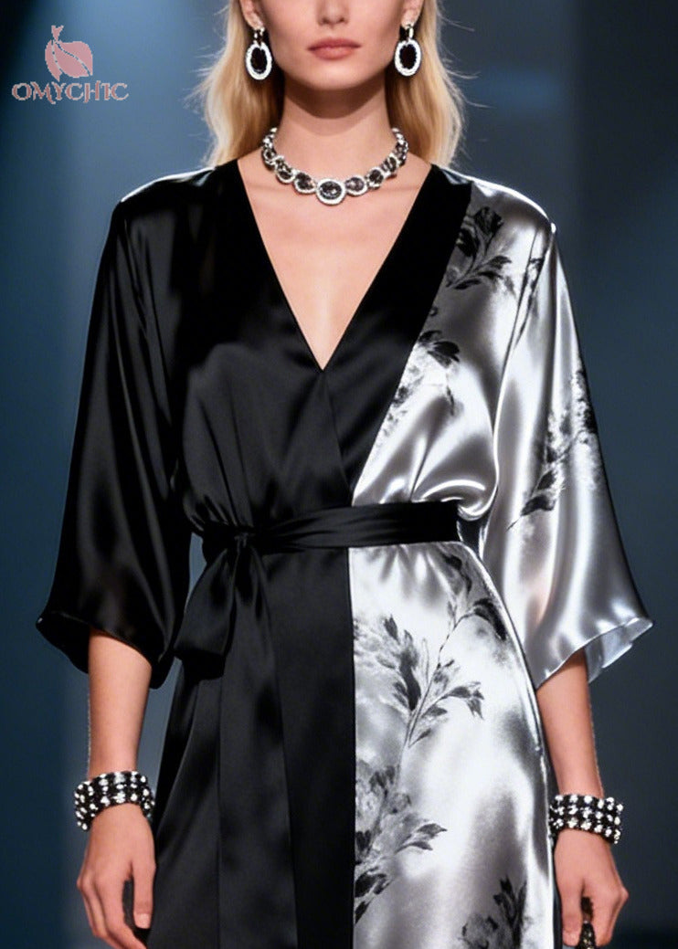 Satin Wrap Deep V-Neck Kimono Sleeve Tie Belt Sheer Hem Maxi Gown
