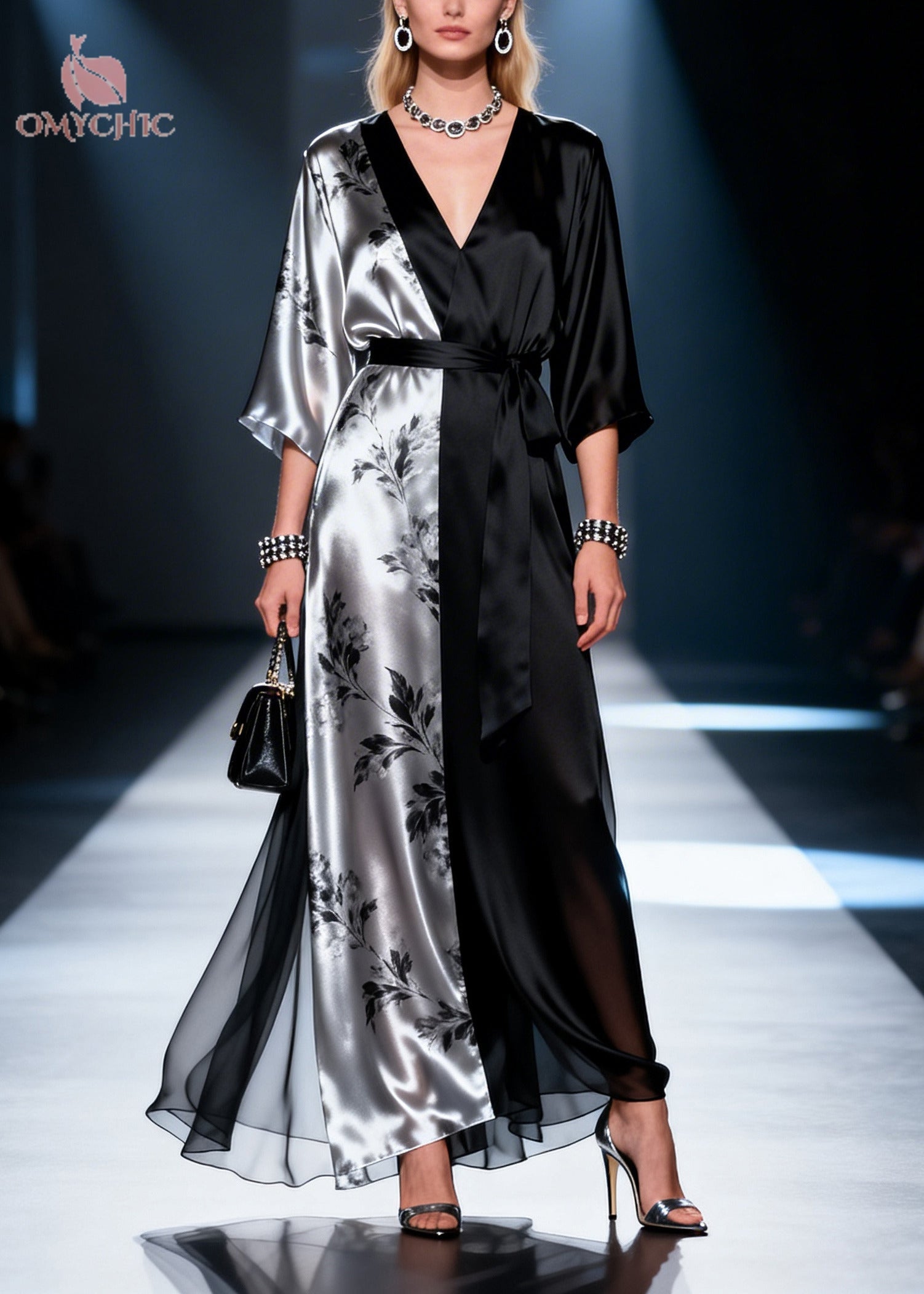 Satin Wrap Deep V-Neck Kimono Sleeve Tie Belt Sheer Hem Maxi Gown
