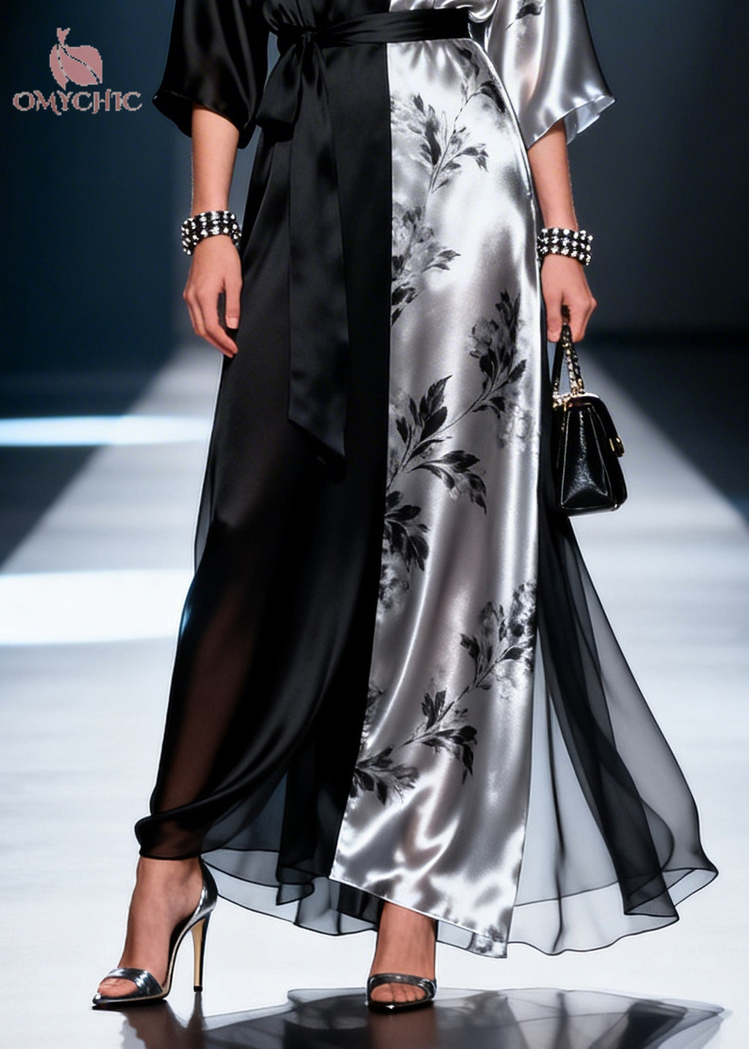 Satin Wrap Deep V-Neck Kimono Sleeve Tie Belt Sheer Hem Maxi Gown