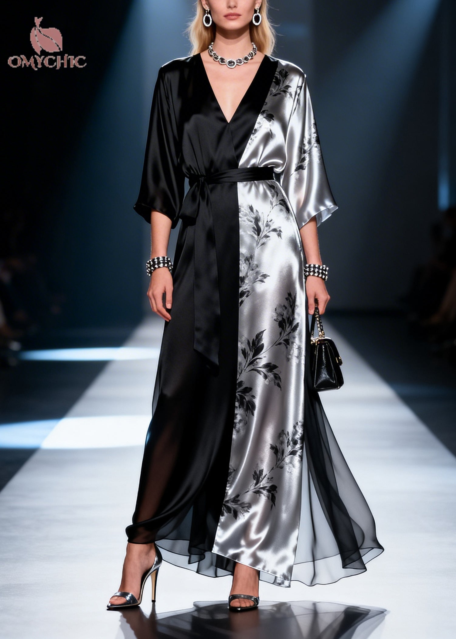 Satin Wrap Deep V-Neck Kimono Sleeve Tie Belt Sheer Hem Maxi Gown