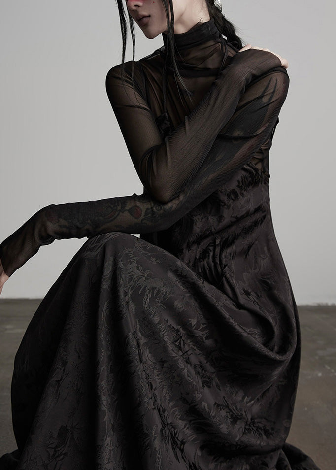 Unique Black Embroidered Lace Up Silk Spaghetti Strap Dress Fall 4
