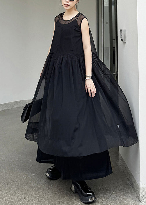 Unique Black O Neck Wrinkled Patchwork Cotton Dress Sleeveless