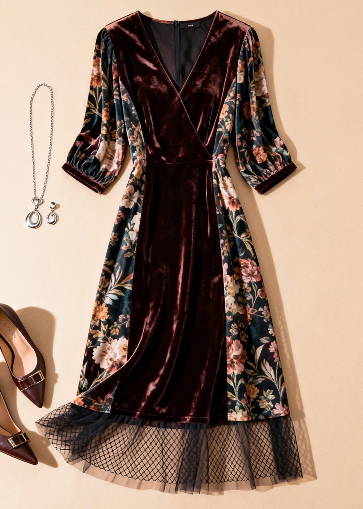 Velvet Panel Floral Print Wrap V-Neck Mesh Ruffle Hem Midi Dress