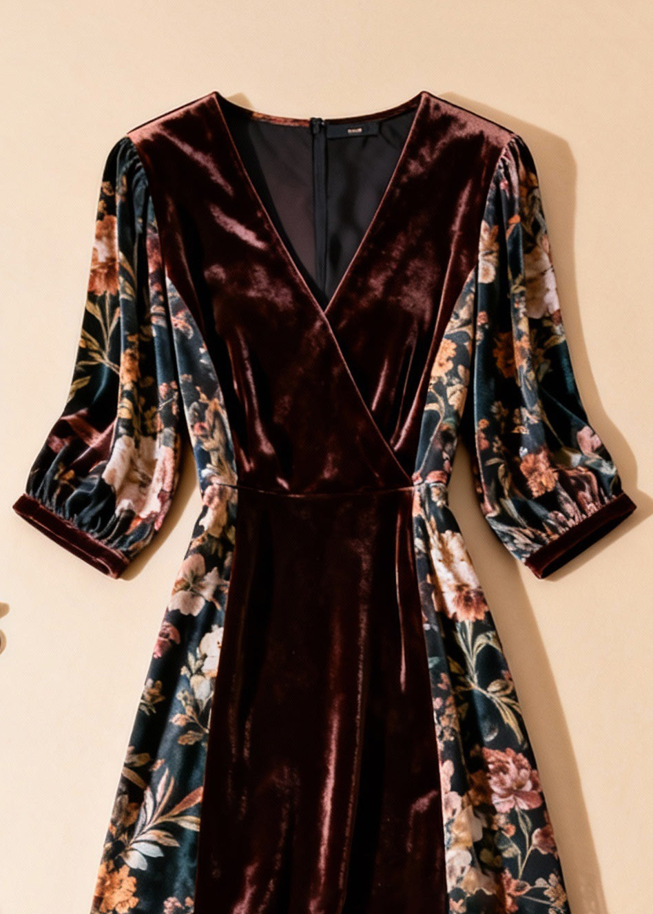 Velvet Panel Floral Print Wrap V-Neck Mesh Ruffle Hem Three Quarter Sleeve Midi Dress