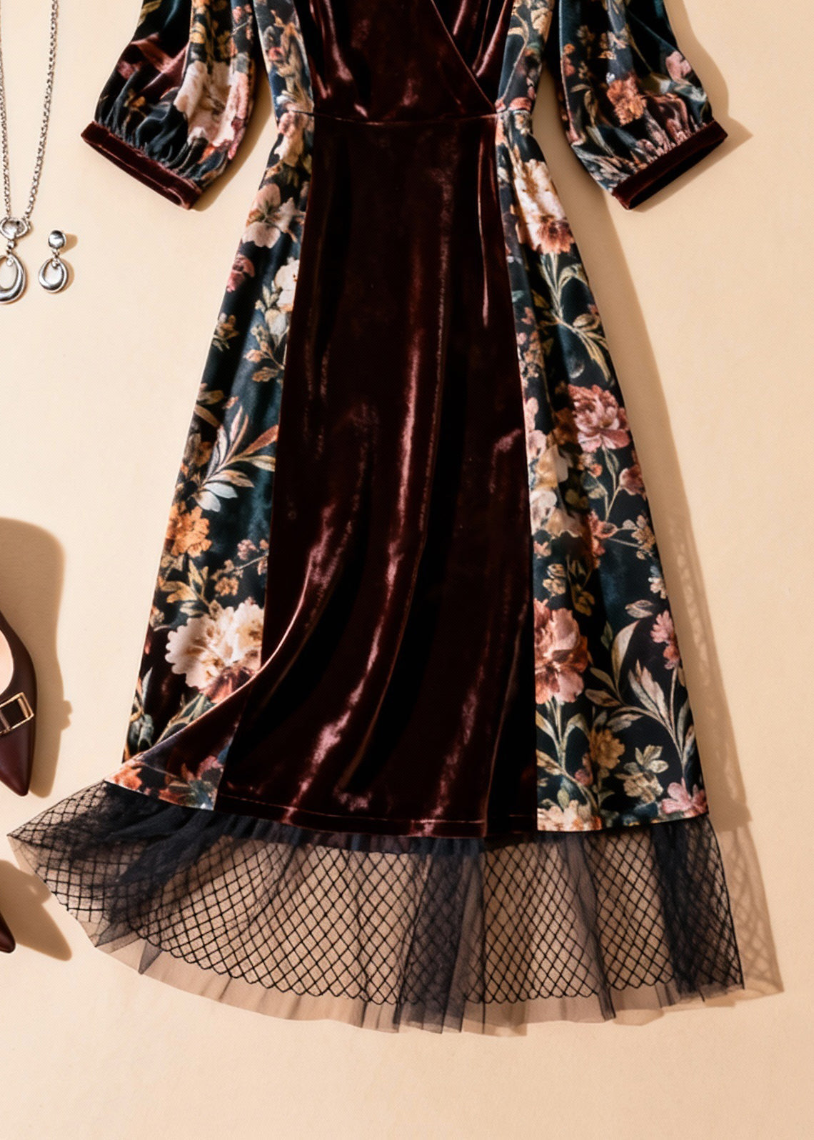 Velvet Panel Floral Print Wrap V-Neck Mesh Ruffle Hem Three Quarter Sleeve Midi Dress