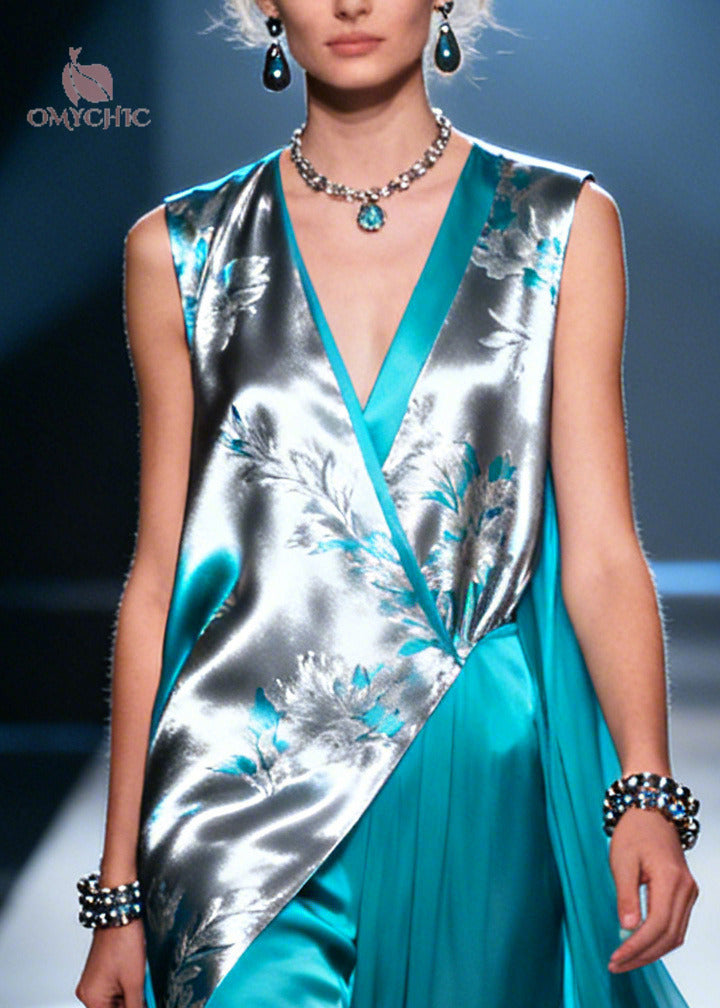 Satin Floral Embroidered Wrap V-Neck Tunic and Wide Leg Pants Two Piece Set