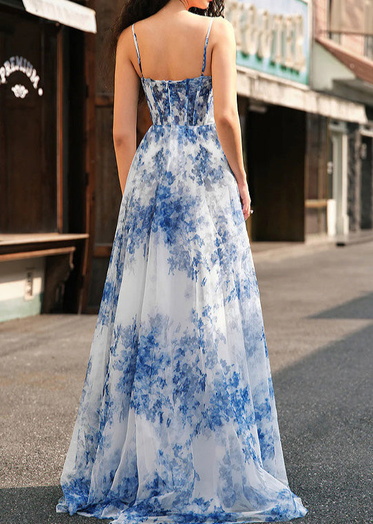 Unique Blue Print Side Open Chiffon Spaghetti Strap Dress Summer 3