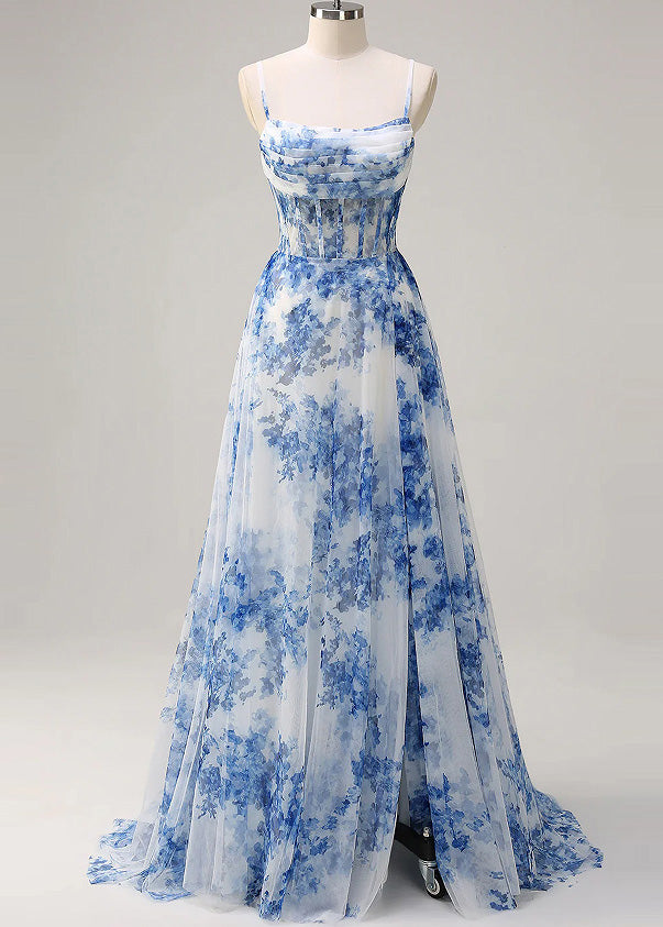 Unique Blue Print Side Open Chiffon Spaghetti Strap Dress Summer 5