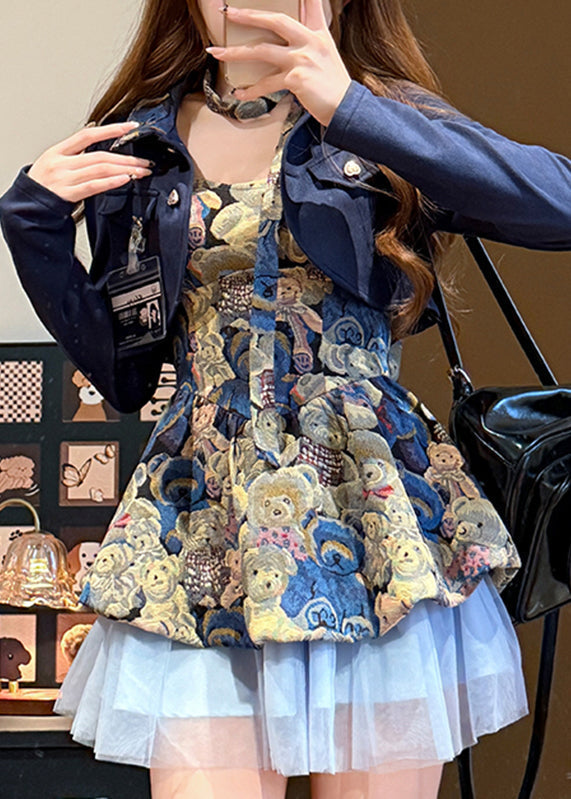 Teddy Bear Jacquard Tulle Ruffle Dress Cropped Jacket Two Piece Set
