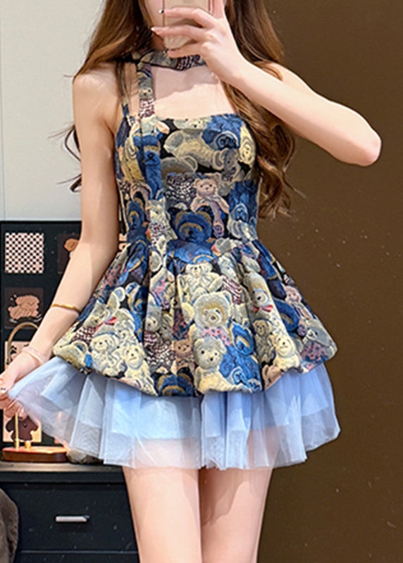 Teddy Bear Jacquard Tulle Ruffle Dress Cropped Jacket Two Piece Set