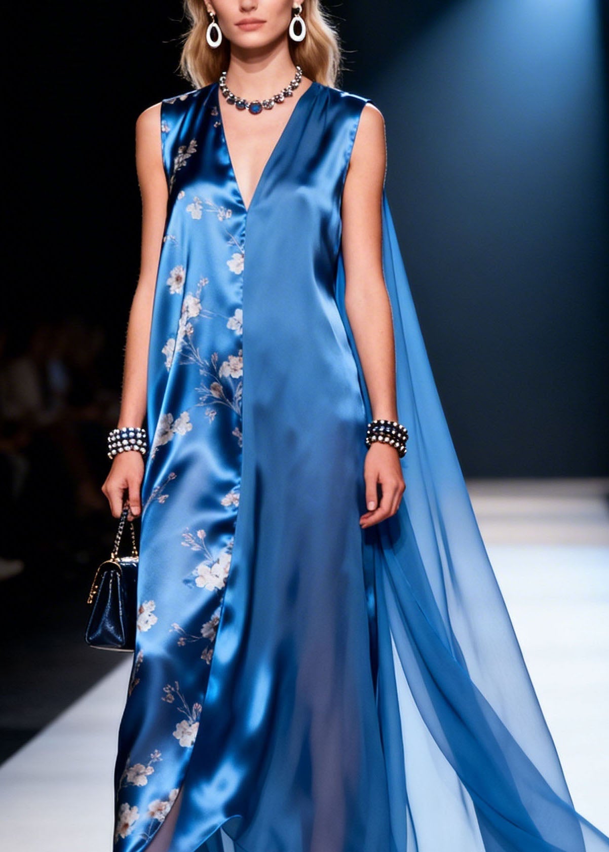Satin Deep V-Neck Sleeveless Floral Panel Cape Back Maxi Gown