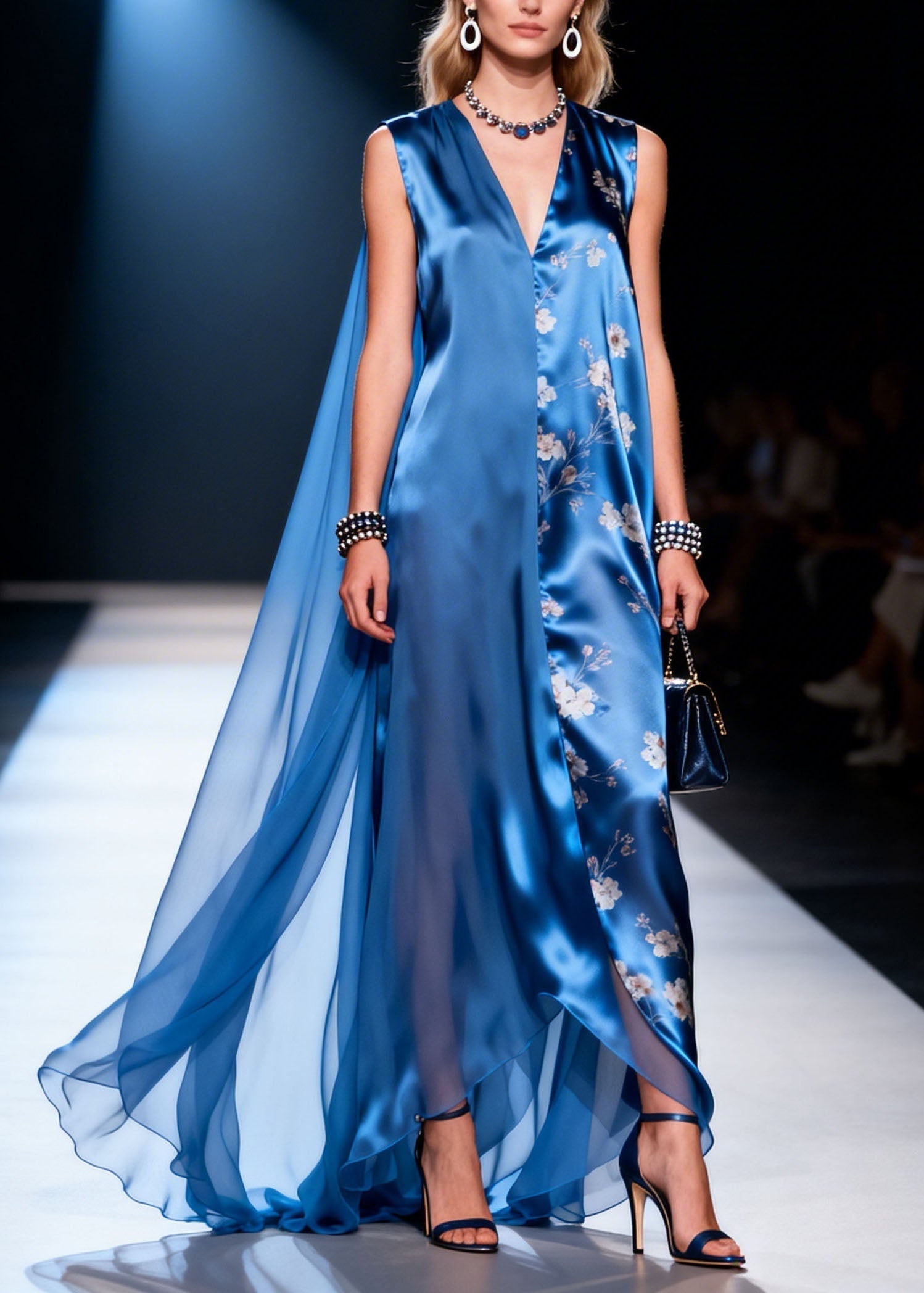 Satin Deep V-Neck Sleeveless Floral Panel Cape Back Maxi Gown