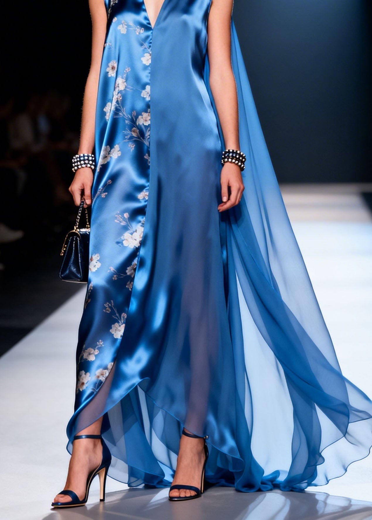 Satin Deep V-Neck Sleeveless Floral Panel Cape Back Maxi Gown