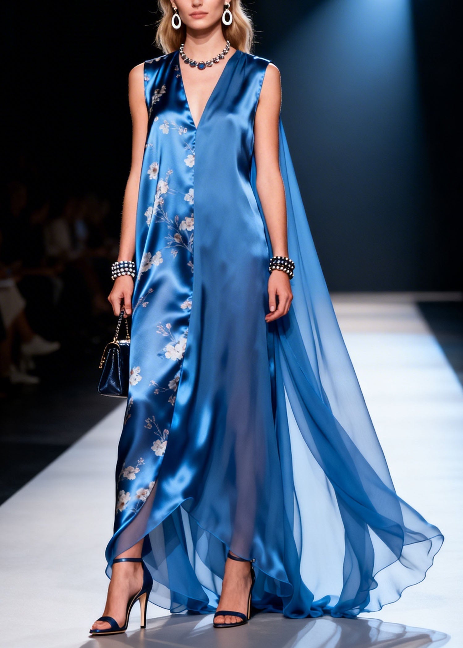 Satin Deep V-Neck Sleeveless Floral Panel Cape Back Maxi Gown