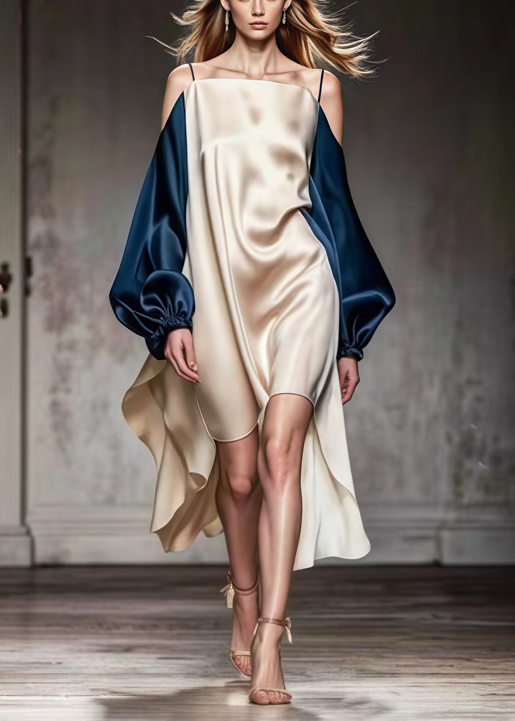 Cold Shoulder Spaghetti Strap Puff Sleeve High Low Satin Mini Dress