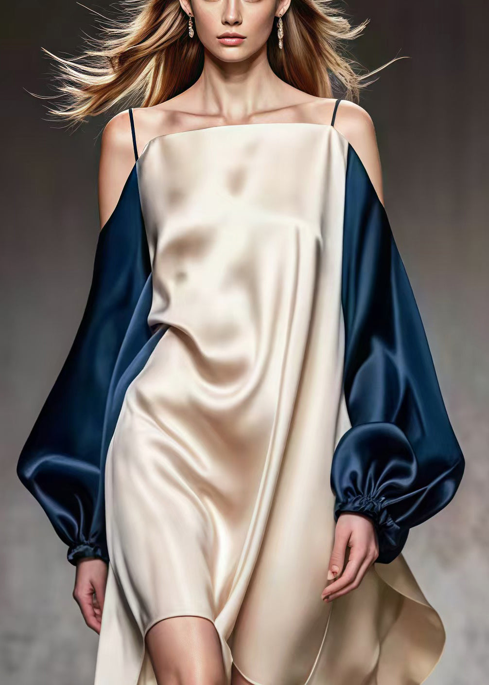 Cold Shoulder Spaghetti Strap Puff Sleeve High Low Satin Mini Dress