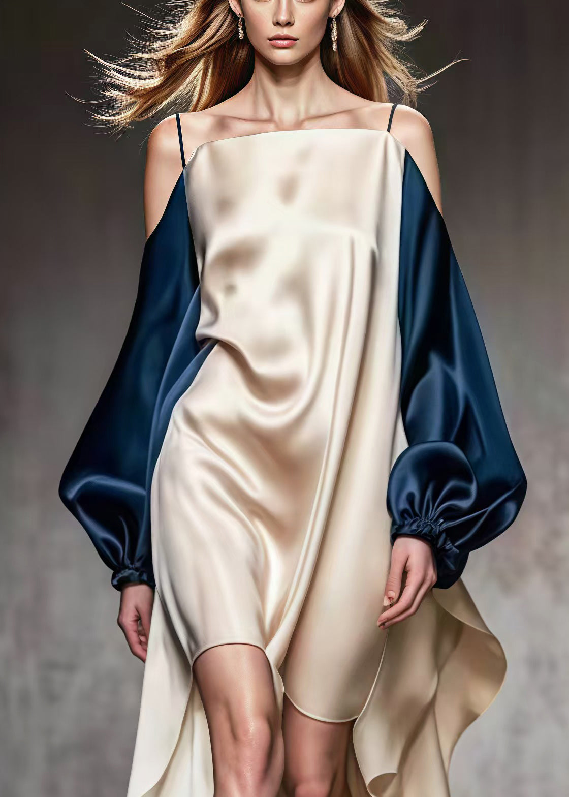 Cold Shoulder Spaghetti Strap Puff Sleeve High Low Satin Mini Dress