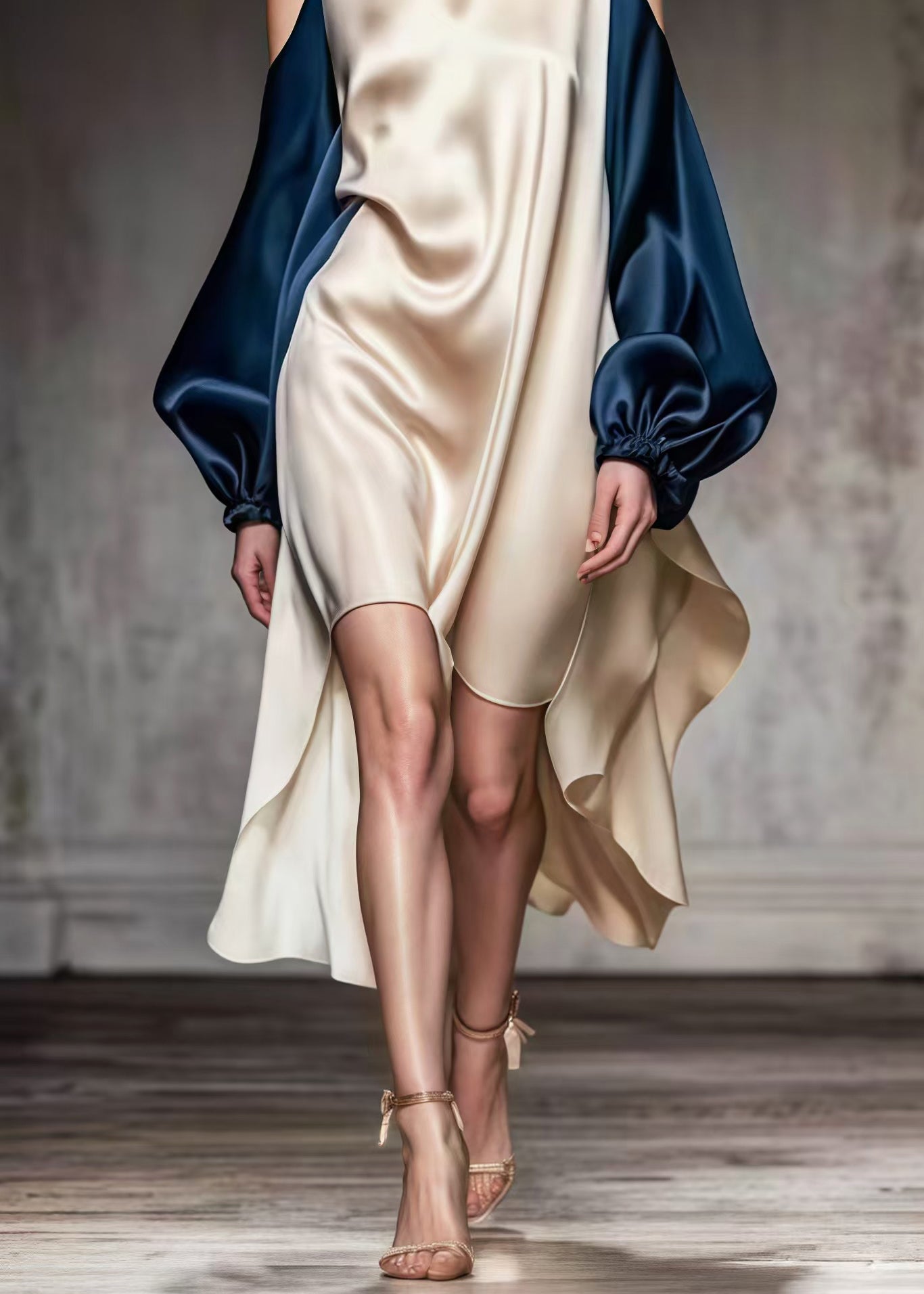Cold Shoulder Spaghetti Strap Puff Sleeve High Low Satin Mini Dress