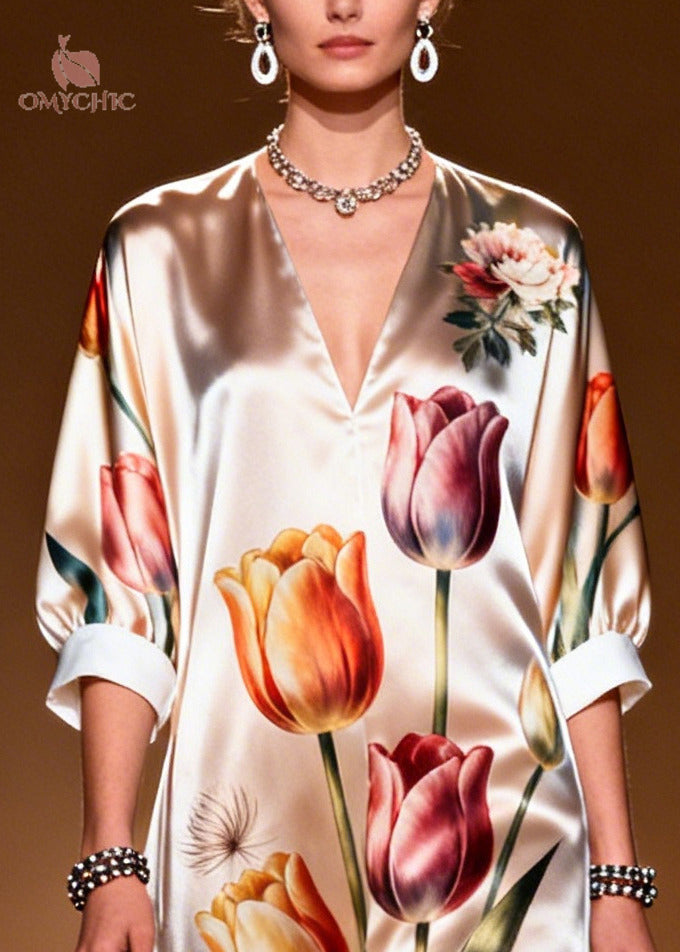 Floral Tulip Print Deep V-Neck Contrast Cuff Sheer Tiered Hem Maxi Dress