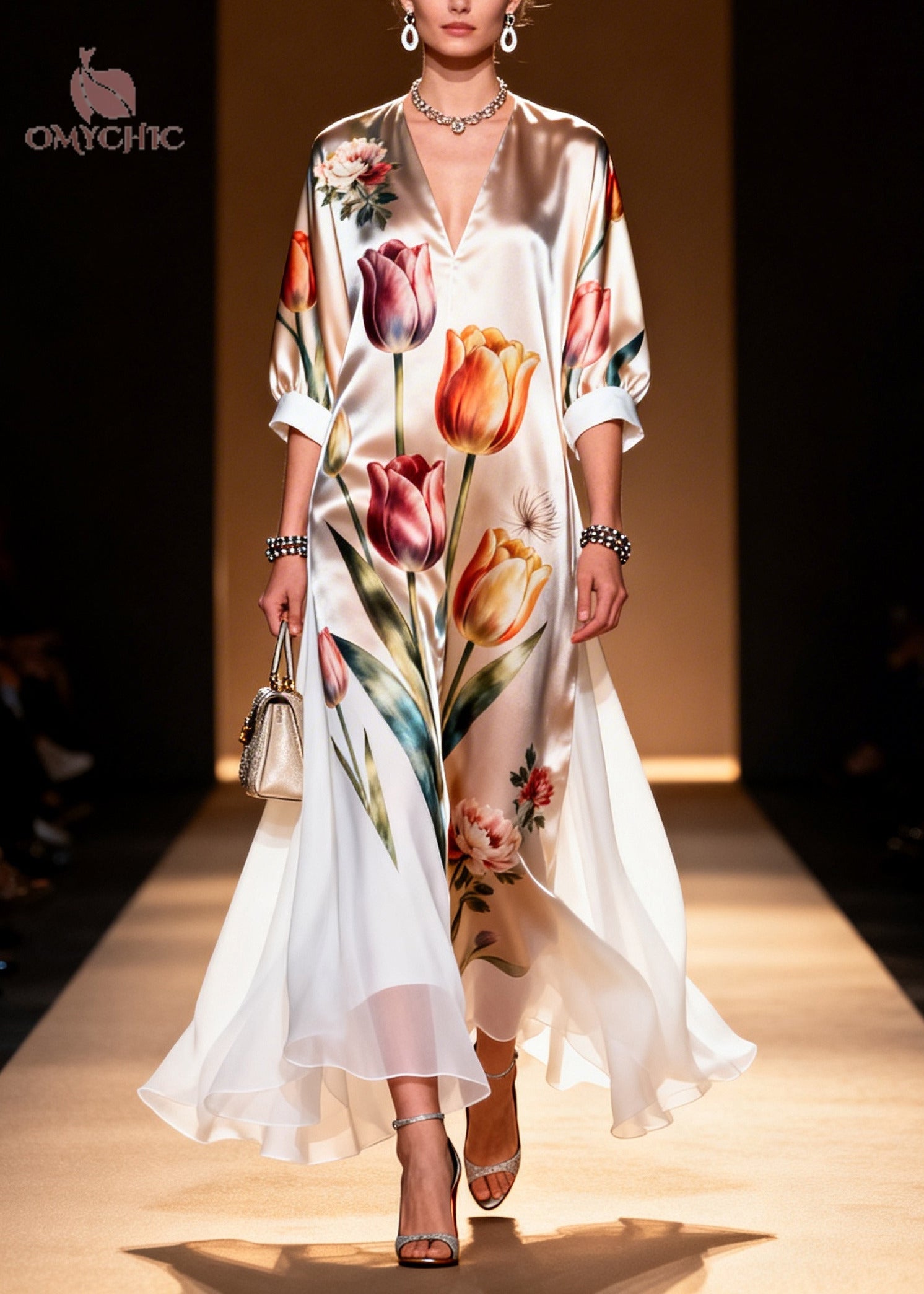 Floral Tulip Print Deep V-Neck Contrast Cuff Sheer Tiered Hem Maxi Dress