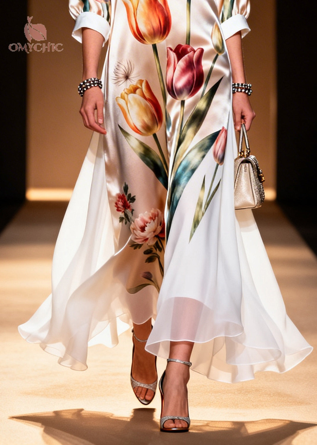 Floral Tulip Print Deep V-Neck Contrast Cuff Sheer Tiered Hem Maxi Dress