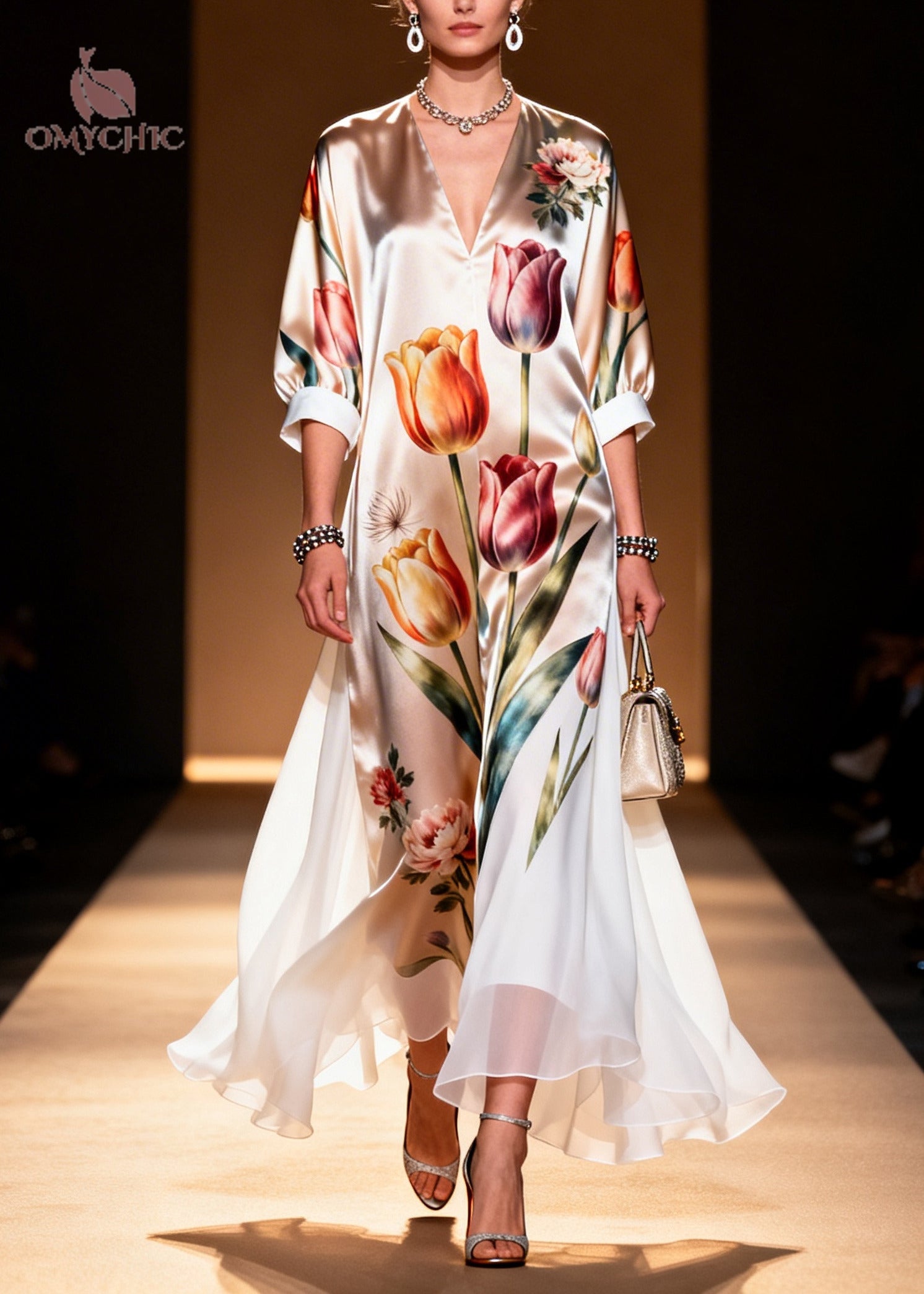 Floral Tulip Print Deep V-Neck Contrast Cuff Sheer Tiered Hem Maxi Dress