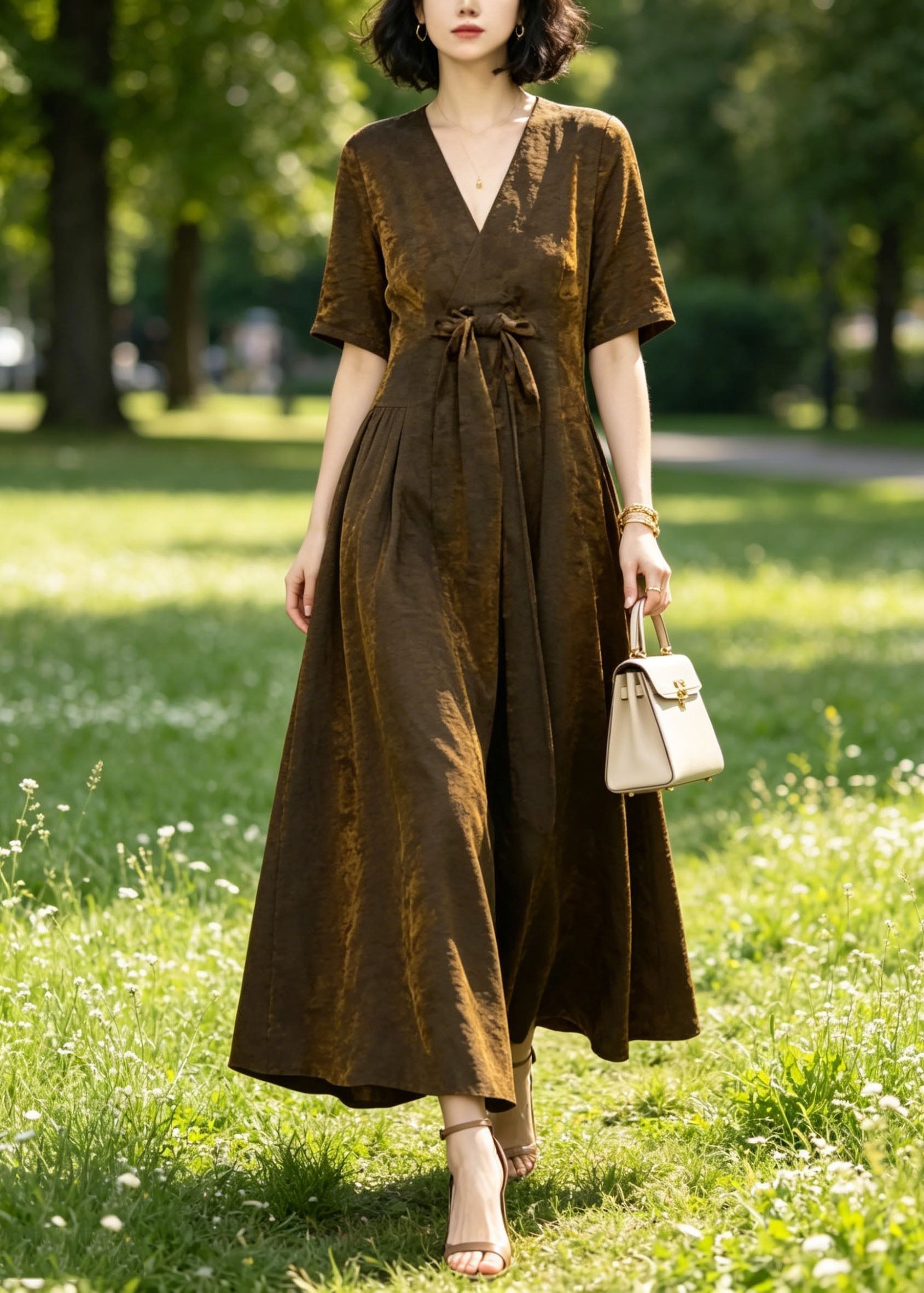Satin Crinkle Texture Deep V-Neck Tie Bow Short Sleeve A-Line Maxi Dress