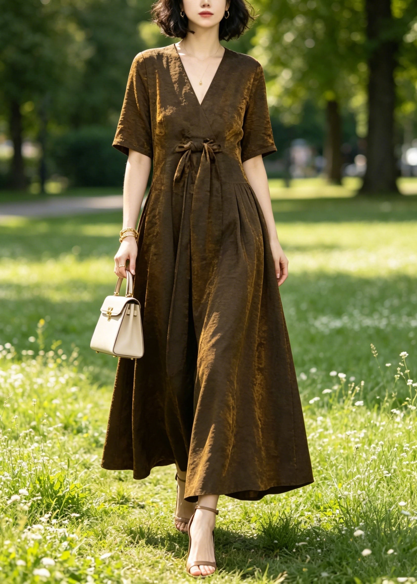 Satin Crinkle Texture Deep V-Neck Tie Bow Short Sleeve A-Line Maxi Dress