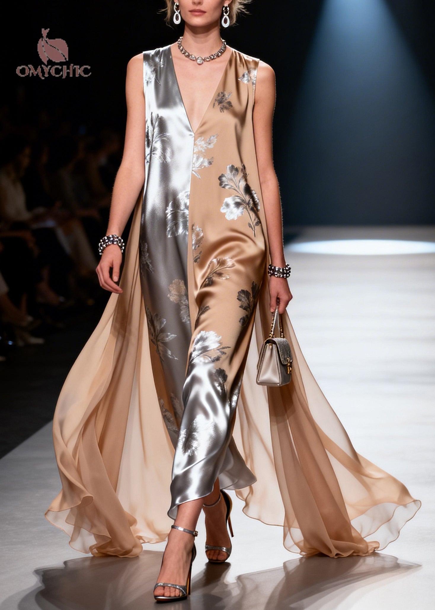 Satin Floral Print Deep V-Neck Sleeveless Chiffon Cape Back Maxi Gown