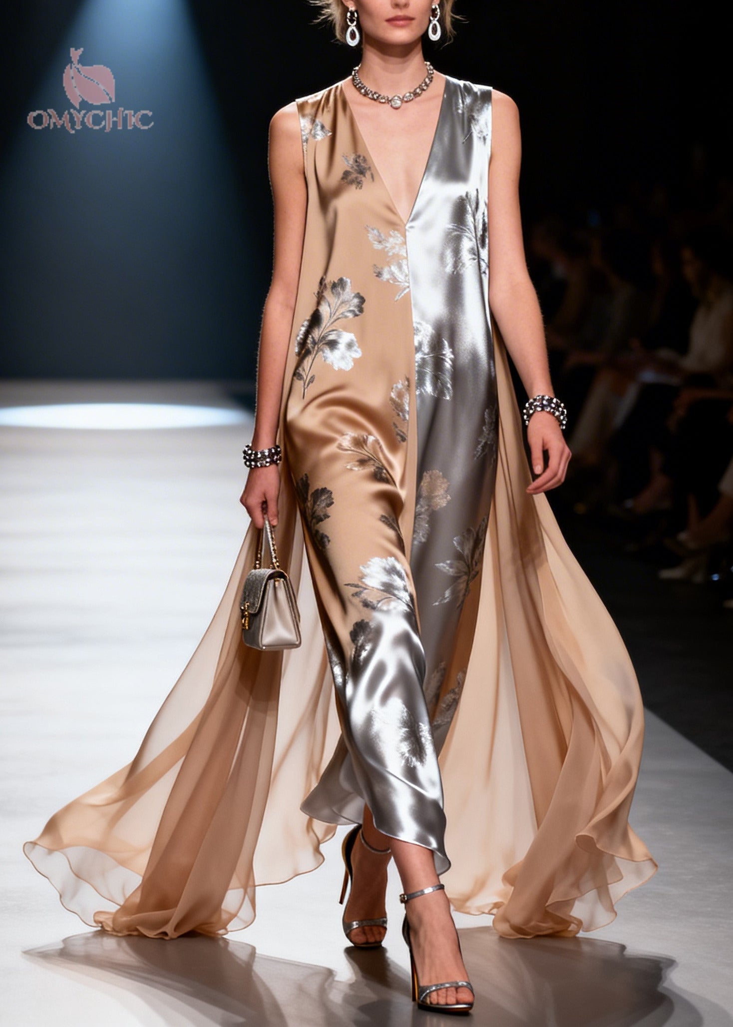 Satin Floral Print Deep V-Neck Sleeveless Chiffon Cape Back Maxi Gown