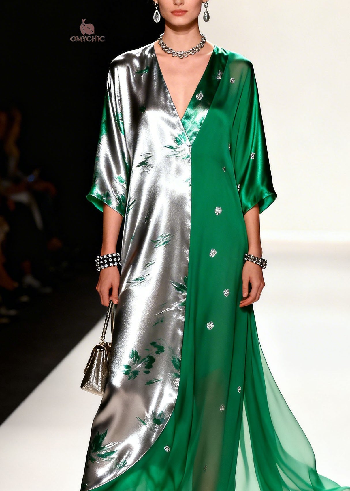 Metallic Floral Sequin Split Panel Deep V-Neck Wide Sleeve Maxi Gown
