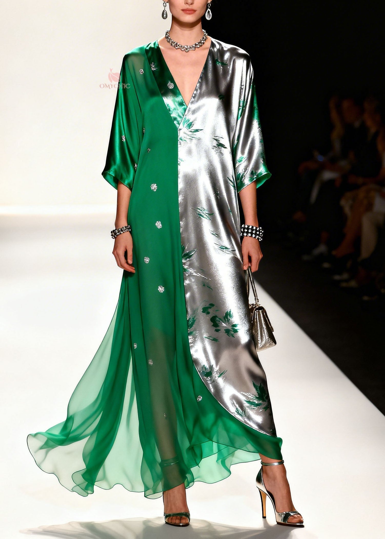 Metallic Floral Sequin Split Panel Deep V-Neck Wide Sleeve Maxi Gown