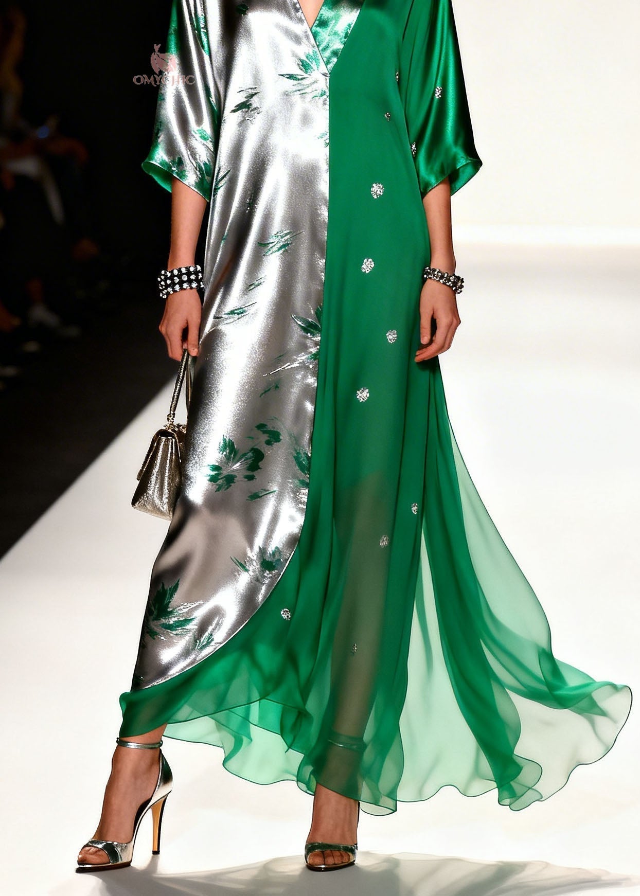 Metallic Floral Sequin Split Panel Deep V-Neck Wide Sleeve Maxi Gown